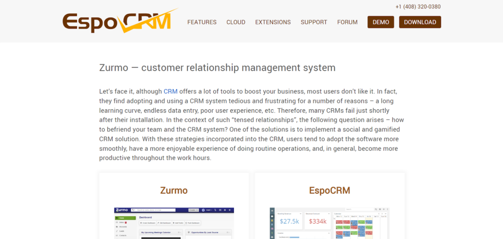 Zurmo crm webpage